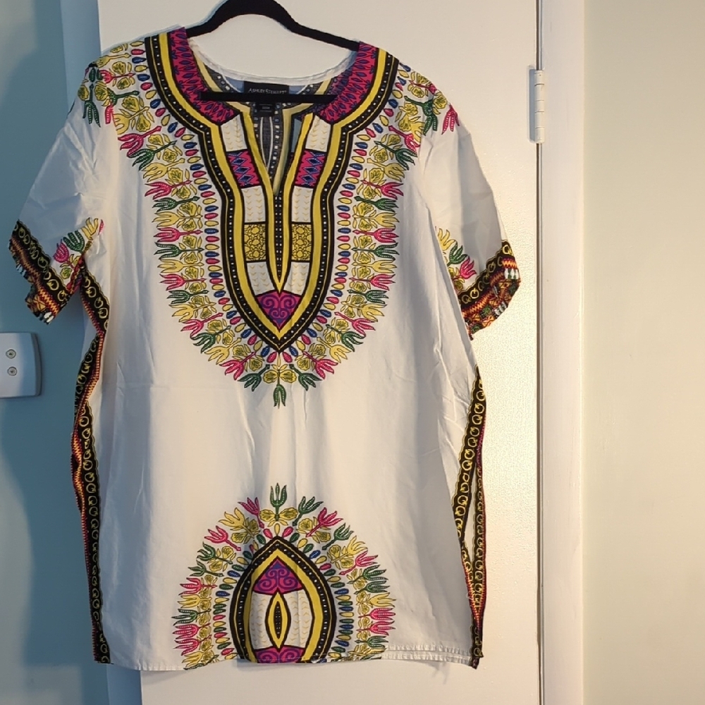 Ashley Stewart African/Tribal Print Tunic Top With Side Splits (White/Pink)